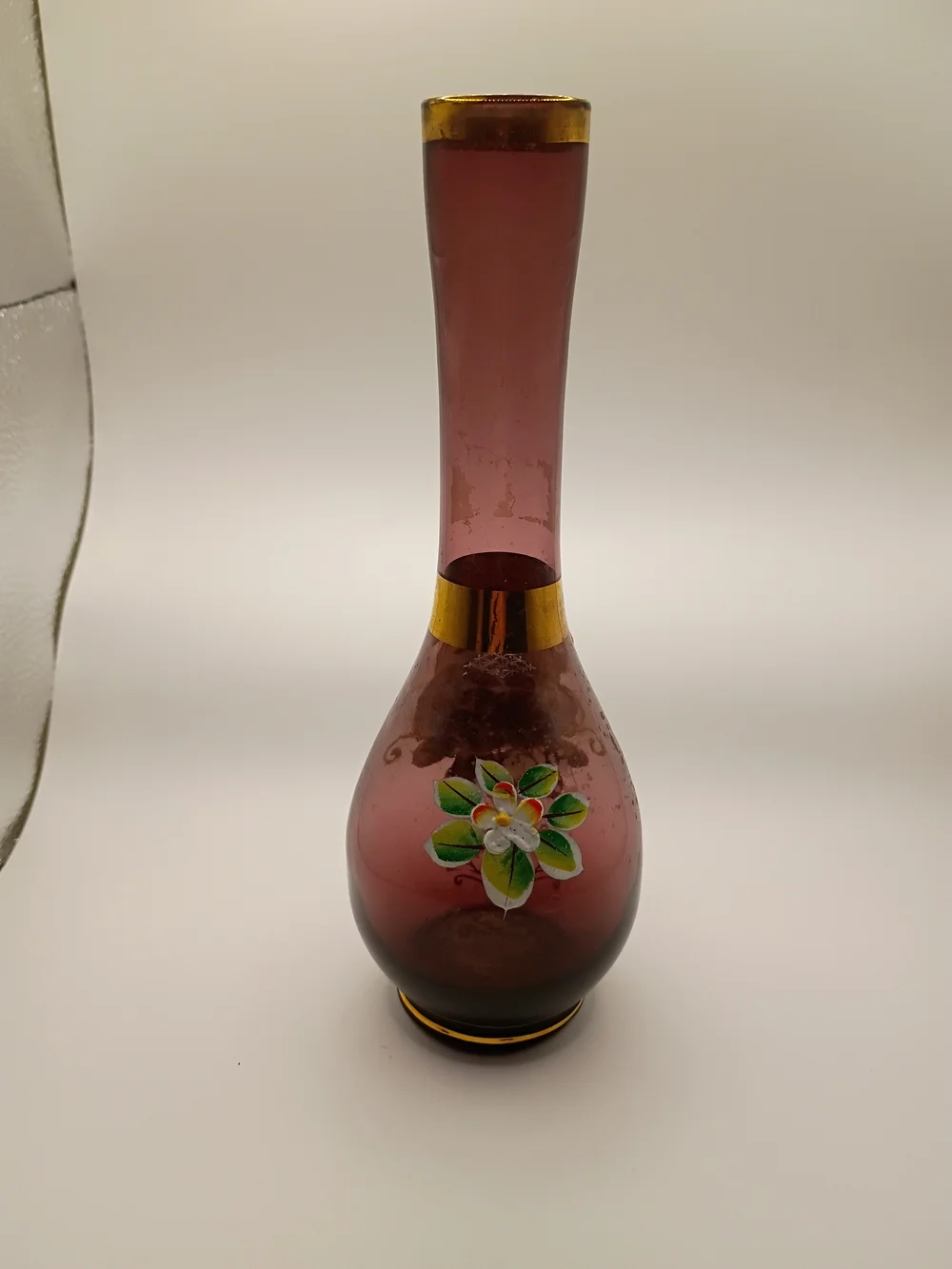Vintage Hand-Painted Glass Bud Vase with Floral Motif And Gold Accents